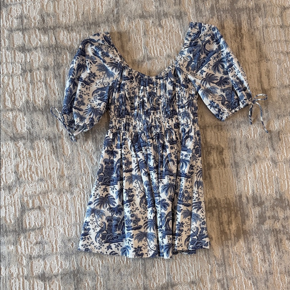 STAUD Blue and White Toile Smocked Puff Sleeve Top